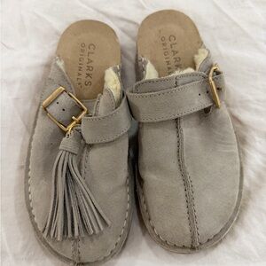 Clarks Women's Gray Suede Mules with Tassel
